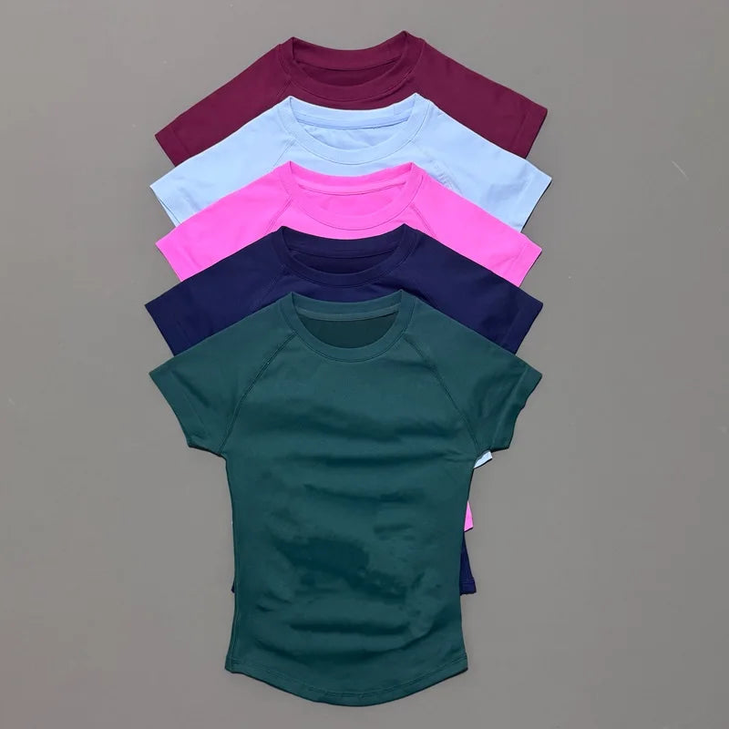 Women Short Sleeve Slim Fit Seamless Yoga Bodysuit Sculpting Body Shaper Breathable Running Gym Pilates Fitness Shirts