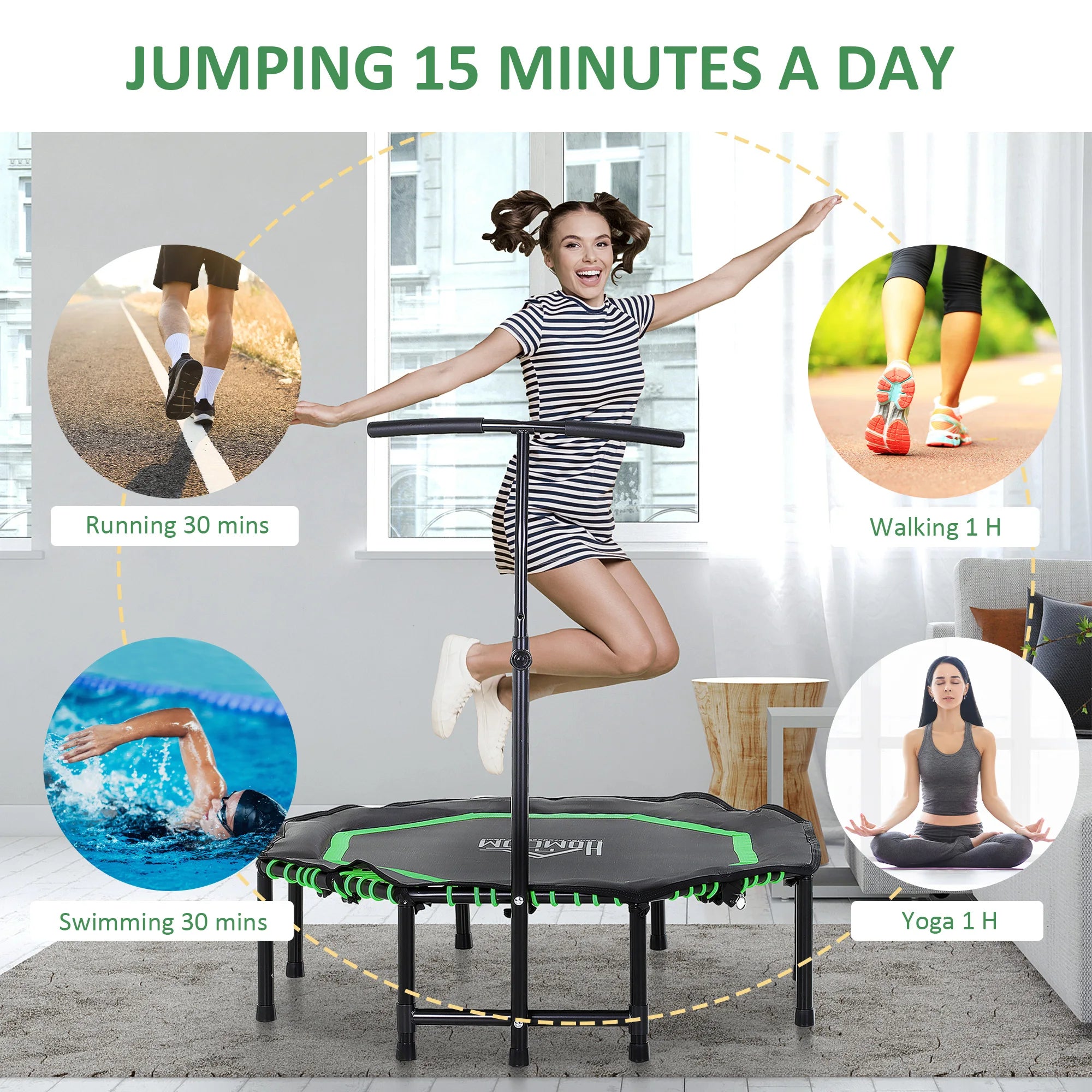 HOMCOM Foldable Trampoline Bouncer Jumper Adjust Handle for Adult - Green