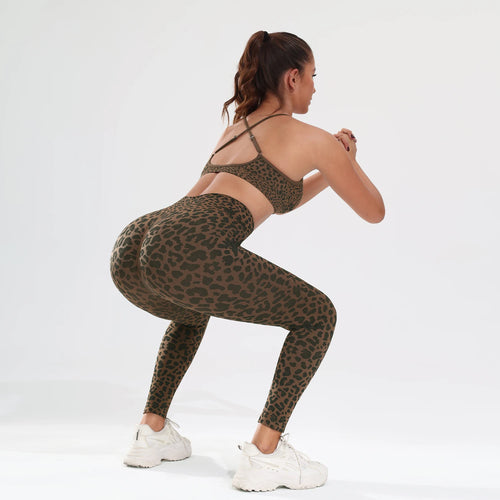 2 Piece Sexy Leopard Print Seamless Sports Set Women Camisole Top and Pants Fitness Sports Yoga Outfit Female Tight Gym Suit