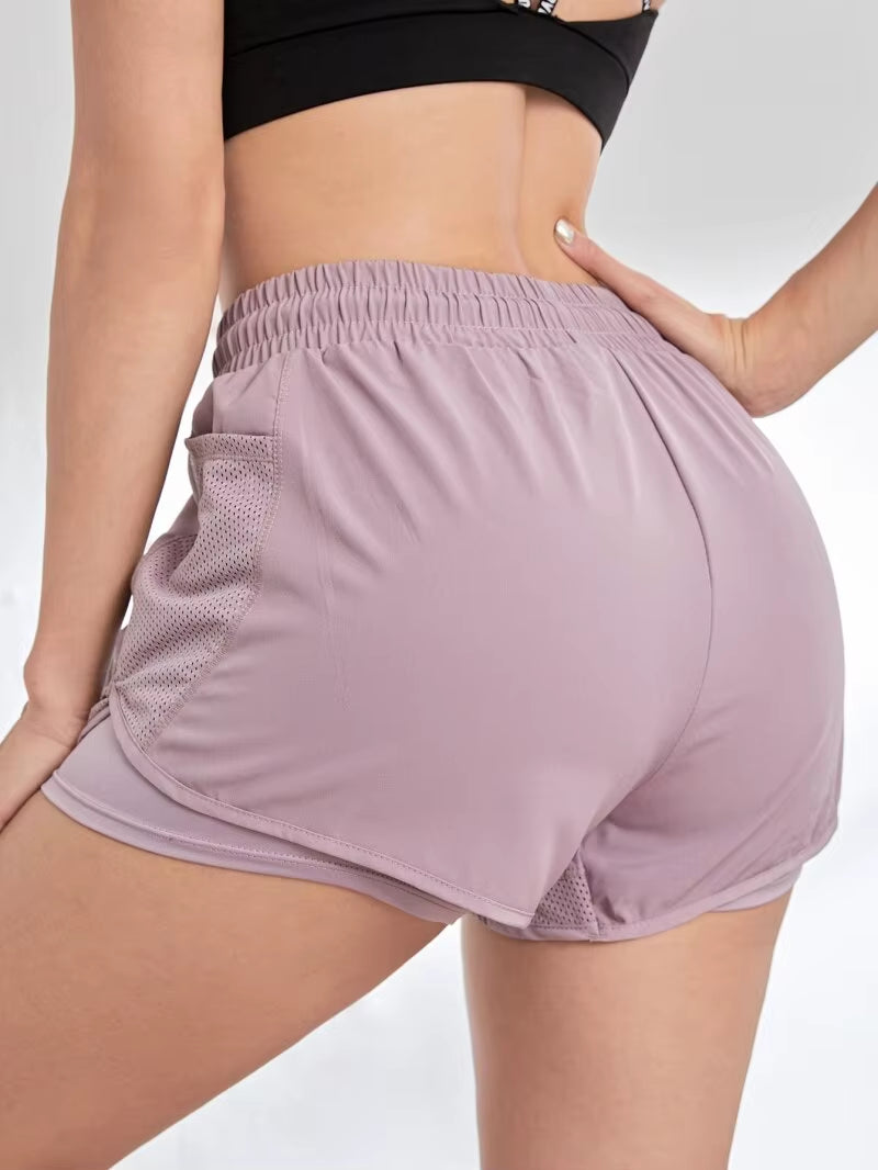 Women'S Elastic Sports Shorts, Shorts with Pockets, Fake Two-Piece Yoga Leggings Running and Training