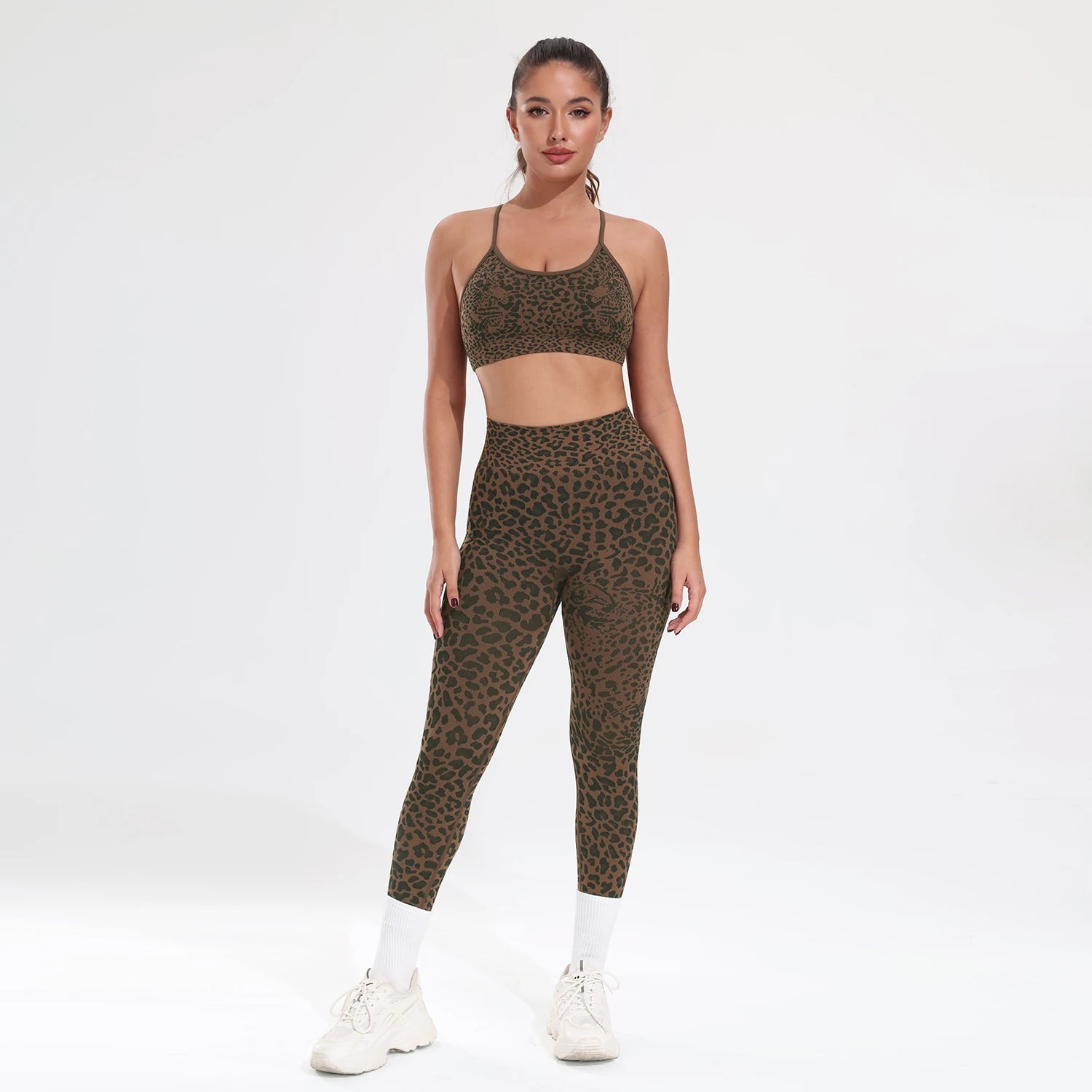 2 Piece Sexy Leopard Print Seamless Sports Set Women Camisole Top and Pants Fitness Sports Yoga Outfit Female Tight Gym Suit