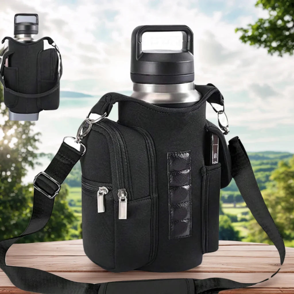 Magnetic Fitness Water Bottle Holder with Phone Pocket and Shoulder Strap Gym Accessories Storage Pouch Carrier Bottle Cover