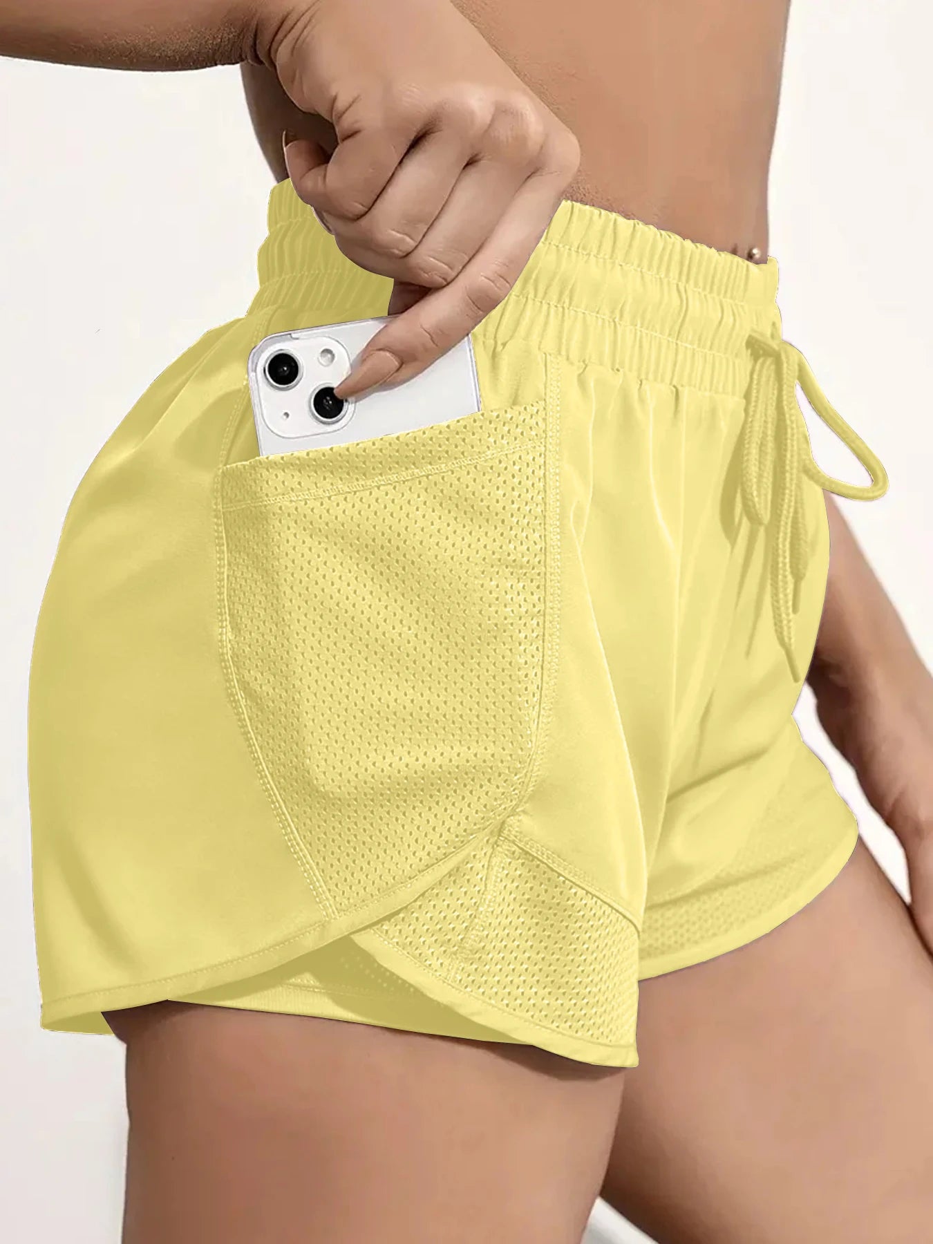 Women'S Elastic Sports Shorts, Shorts with Pockets, Fake Two-Piece Yoga Leggings Running and Training