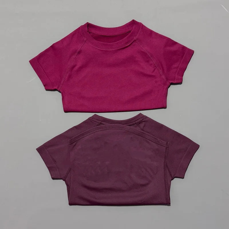 Women Short Sleeve Slim Fit Seamless Yoga Bodysuit Sculpting Body Shaper Breathable Running Gym Pilates Fitness Shirts