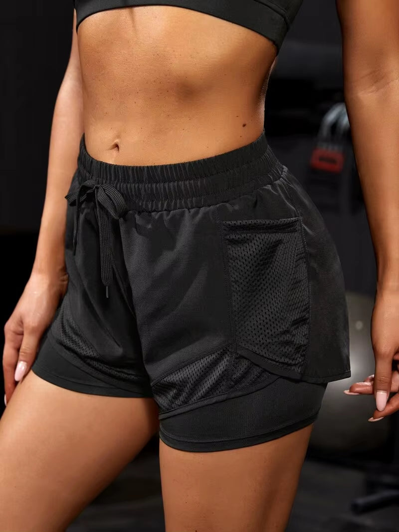 Women'S Elastic Sports Shorts, Shorts with Pockets, Fake Two-Piece Yoga Leggings Running and Training