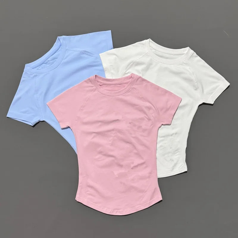 Women Short Sleeve Slim Fit Seamless Yoga Bodysuit Sculpting Body Shaper Breathable Running Gym Pilates Fitness Shirts